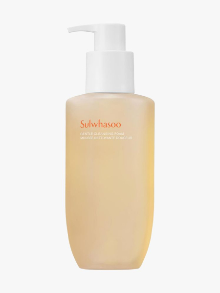 Sulwhasoo Gentle Cleansing Foam light yellow bottle of cleansing foam with a white pump cap on light gray background